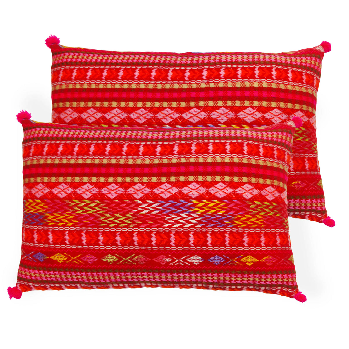 Packung mit 2 länglichen handgewebten Kissenbezügen aus Baumwolle – Rot Pink