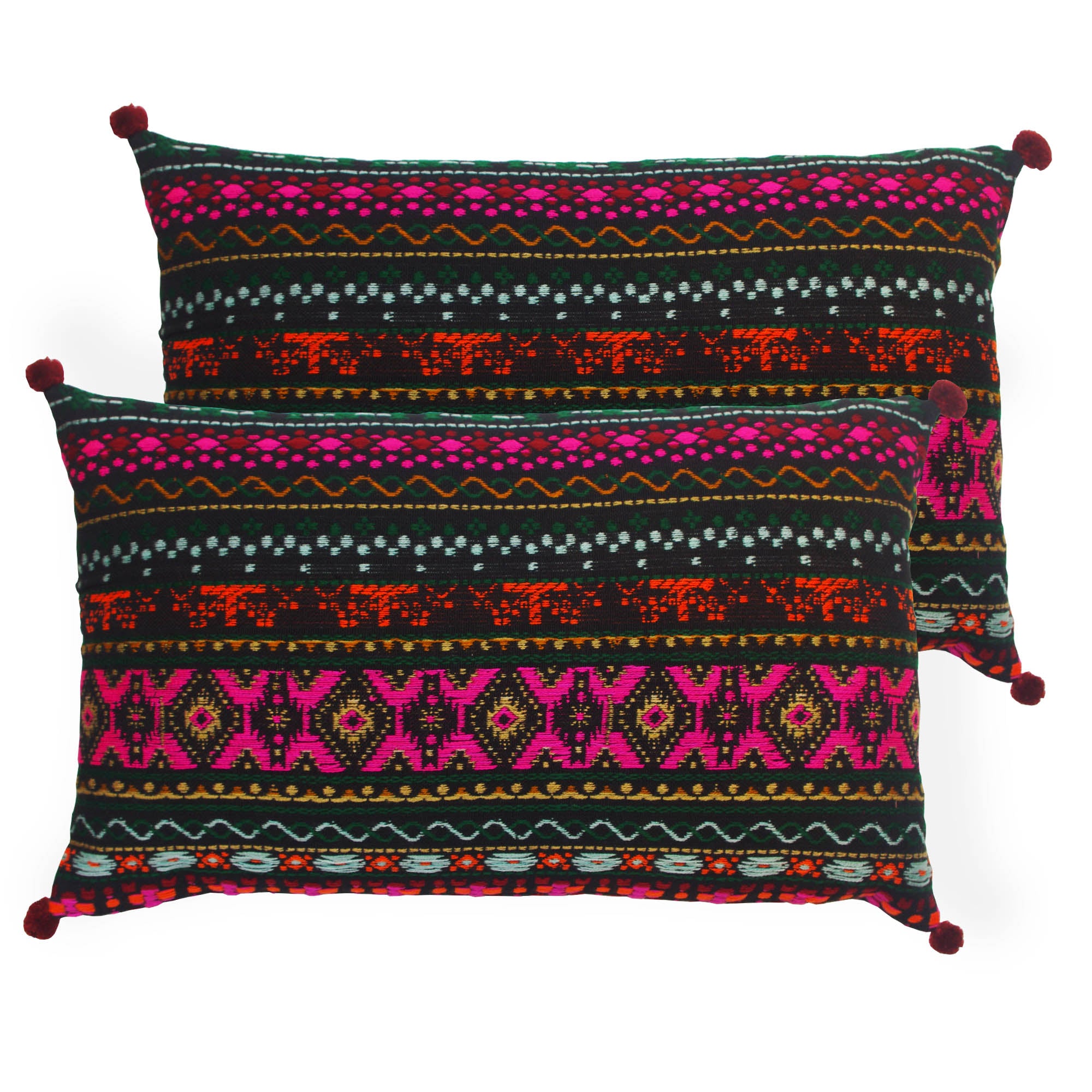 Pack of 2 Oblong Handloom Cotton Pillow Covers Black Kantha Decor