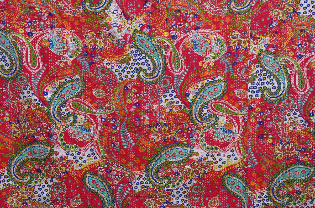 Paisley Print Red Indian Kantha Quilt-Kantha Decor
