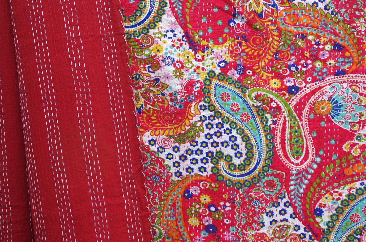 Paisley Print Red Indian Kantha Quilt-Kantha Decor
